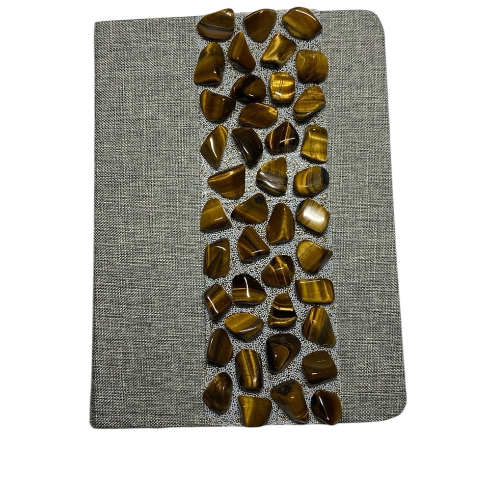 Handmade Gray Linen Lined Journal Notebook with Genuine Tiger's Eye Crystals 7"